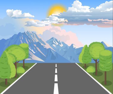 Strada di campagna con alberi e montagne