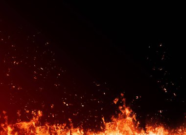 Fire particles debris isolated on black background for text or space . Film effect. clipart