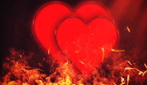 Copyspace 粒子分離火残り火背景が付いて赤いハートのバレンタイン カード — ストック写真