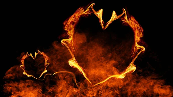 Fire hearts on isolated smoke black background. Hearts shape with copyspace.