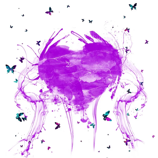 抽象水彩画溅起紫色的心 心与五颜六色的蝴蝶 — 图库照片