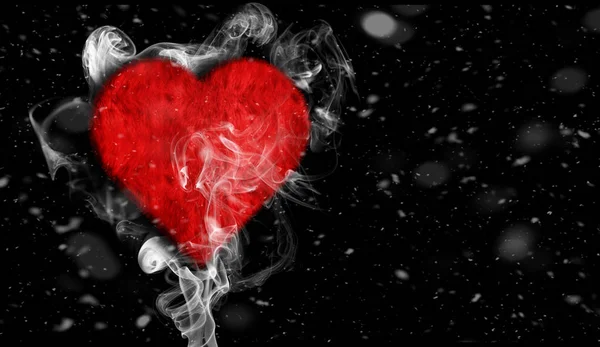 Romantic love  red heart with smoke on background for copy space. With snow texture overlays