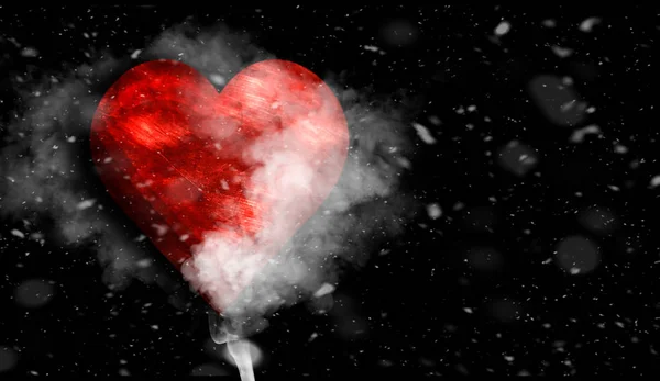 Romantic love  red heart with smoke on background for copy space. With snow texture overlays