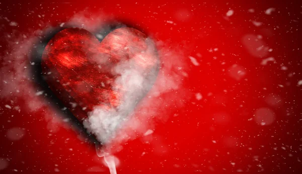 Romantic love  red heart with smoke on background for copy space. With snow texture overlays