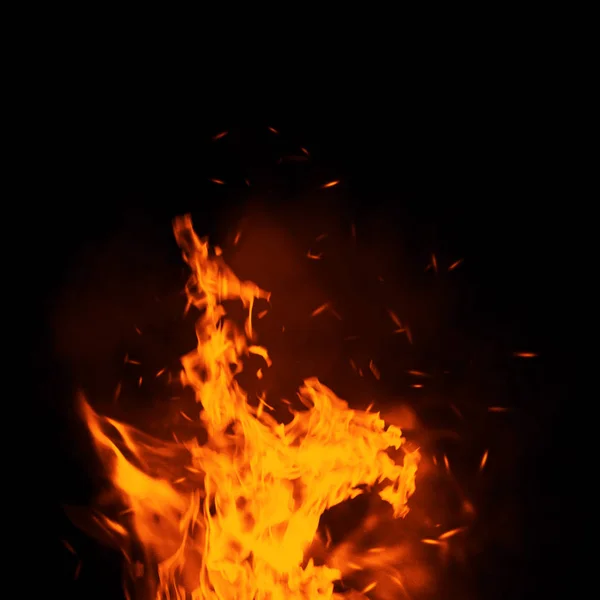 Textur Des Brennenden Feuers Mit Partikelglut Flammen Auf Isoliertem Schwarzen — Stockfoto