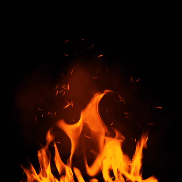 Éget Tűz Részecskék Embers Textúra Lángok Elszigetelt Fekete Háttér — Stock Fotó