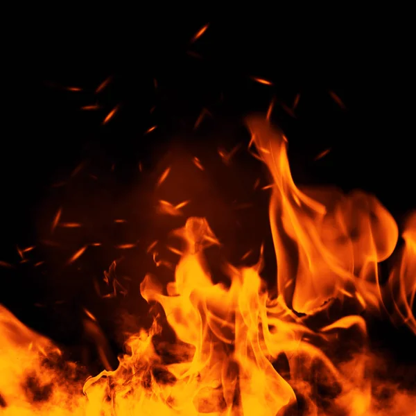 Éget Tűz Részecskék Embers Textúra Lángok Elszigetelt Fekete Háttér — Stock Fotó