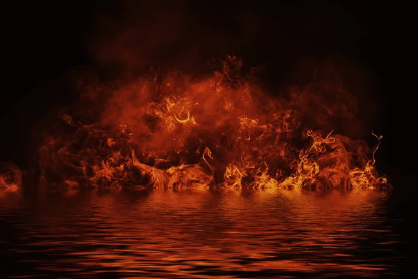水の反射で火のテクスチャ 分離の黒い背景に炎 バナー チラシ カードのためのテクスチャ — ストック写真
