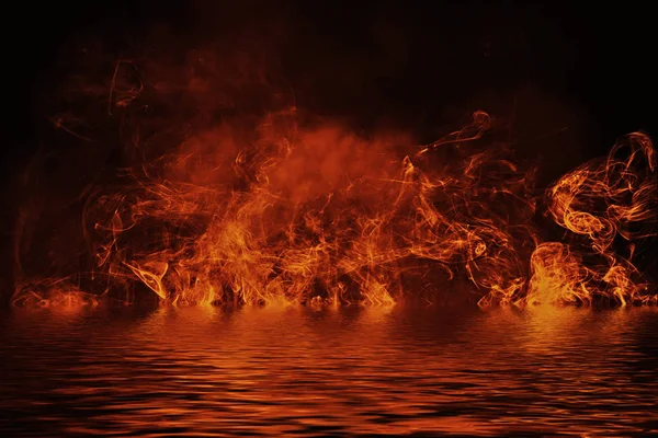 Textura Fuego Con Reflejo Agua Llamas Sobre Fondo Negro Aislado — Foto de Stock