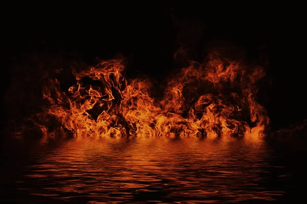 Textura Fuego Con Reflejo Agua Llamas Sobre Fondo Negro Aislado — Foto de Stock