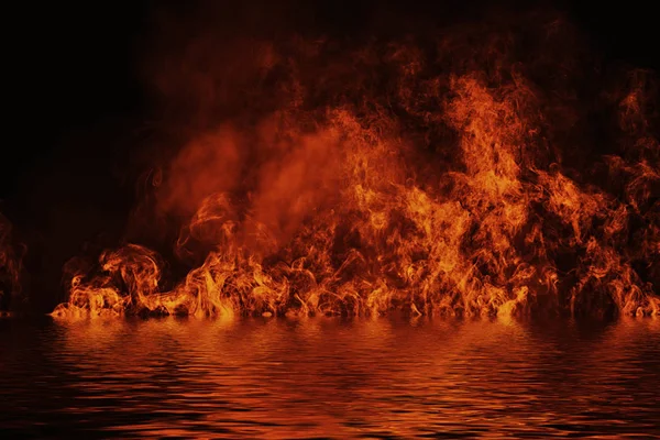 Texture Fire Reflection Water Flames Isolated Black Background Texture Banner — Stock Photo, Image