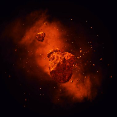 Yangın meteor fırtınası. Güçlü asteroid hareket. Konsept Sanat .