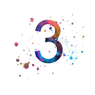 3 numaralı illüstrasyon izole beyaz zemin üzerinde. Suluboya alfabe sembol ile sıçramak.