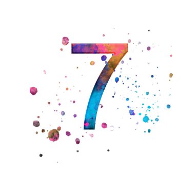 7 numaralı illüstrasyon izole beyaz zemin üzerinde. Suluboya alfabe sembol ile sıçramak.