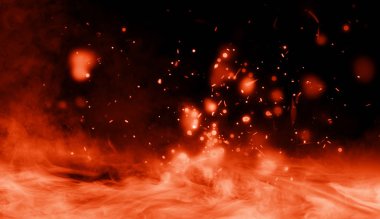 Arka plan üzerinde izole parçacıklar ateş. Sis sis doku bindirmeleri duman