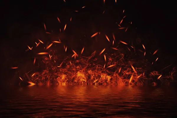 Textúra Tűz Tükörképe Vízben Lángok Elszigetelt Fekete Háttér Textúra Banner — Stock Fotó