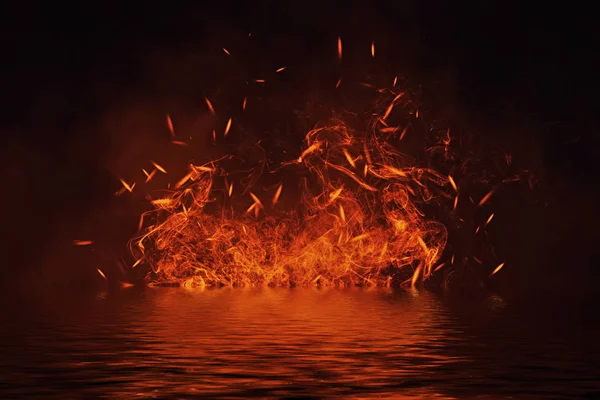水の反射で火のテクスチャ 分離の黒い背景に炎 バナー チラシ カードのためのテクスチャ — ストック写真