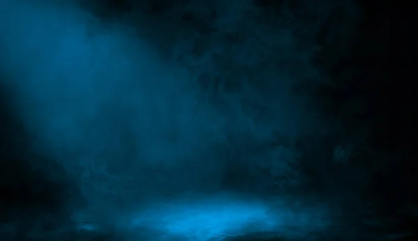 Absztrakt Kék Reflektorfény Füst Köd Köd Fekete Háttér Textúra Háttér — Stock Fotó