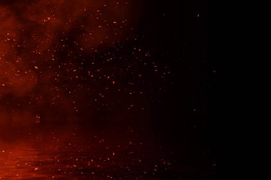 Parçacıklar köz yansıması su ile ateş. Afiş, el ilanı, kart için tasarım dokusu.