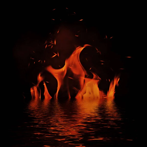 Textur des Feuers mit Reflexion im Wasser. Flammen mit Glutnestern im Hintergrund. — Stockfoto