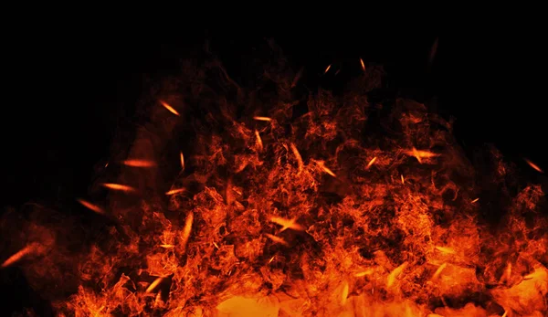 Vintage lodern Flammen mit Partikelglut auf isoliertem schwarzen Hintergrund. Feuer Textur Effekt Hintergrund. — Stockfoto