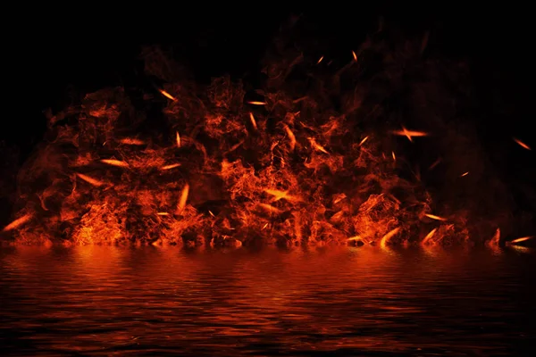 Textura de chama de fogo de chama em fundo isolado com reflexão de água . — Fotografia de Stock