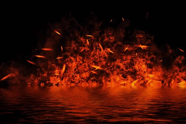 Blaze fire flame texture on isolated background with water reflection.