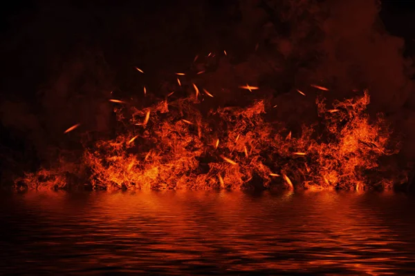 Lodern Feuer Flamme Textur auf isoliertem Hintergrund mit Wasserreflexion. — Stockfoto