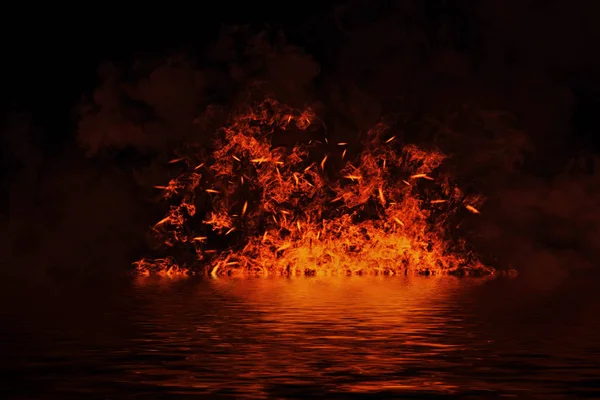 Blaze brand vlam textuur op geïsoleerde achtergrond met water reflectie. — Stockfoto