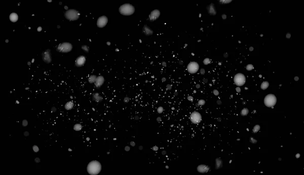 Freeze motion of white snow coming down, isolated on black background. Design texture element. — Stock Photo, Image