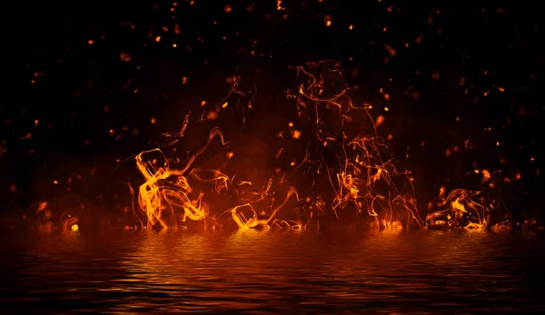 Textura de chama de fogo de chama em fundo isolado com reflexão de água . — Fotografia de Stock