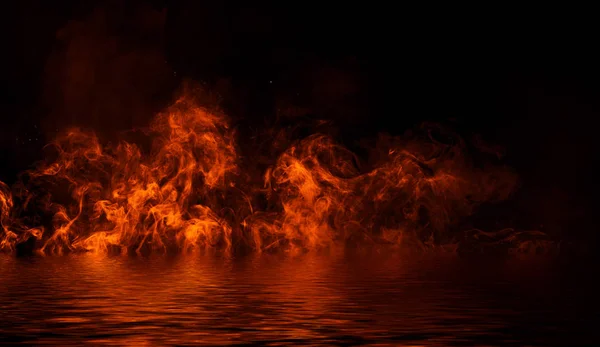 Textura de chama de fogo de chama em fundo isolado com reflexão de água . — Fotografia de Stock