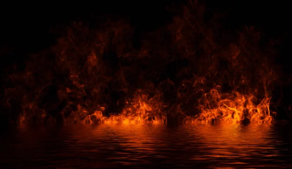 Yangın alev doku su yansıması ile izole arka plan üzerinde blaze. — Stok fotoğraf