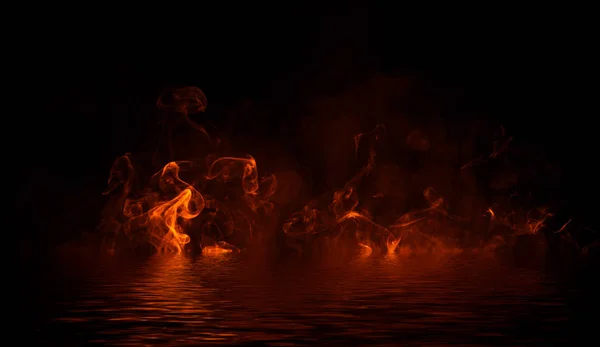 Blaze brand vlam textuur op geïsoleerde achtergrond met water reflectie. — Stockfoto