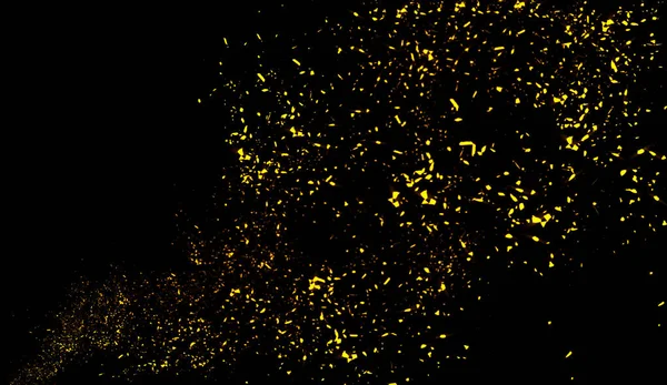 Gele deeltjes effect stof puin geïsoleerd op zwarte achtergrond, beweging poeder spray textuur. — Stockfoto
