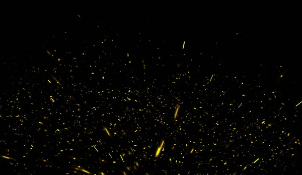 Yellow particles effect dust debris isolated on black background, motion powder spray texture.