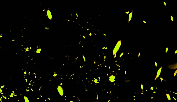 黄色颗粒对灰尘碎片的影响在黑色背景上隔离，运动粉末喷雾纹理. — 图库照片