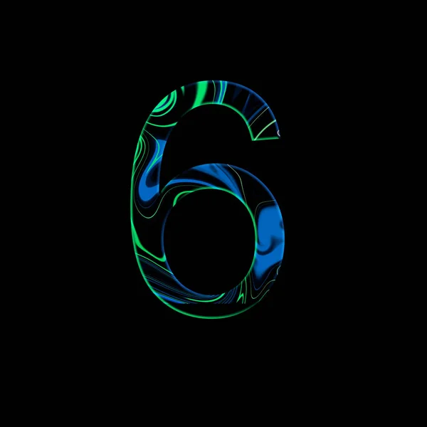 Nummer 6 illustratie-vloeibare Wave cyberpunk stijl. Ontwerpelementen. Geïsoleerde achtergrond. Blauwe en groene kleuren. — Stockfoto