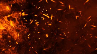 Parçacıkk közler ile yanık ateş doku. İzole edilmiş siyah arka plandaki alevler. Tasarım öğesi.