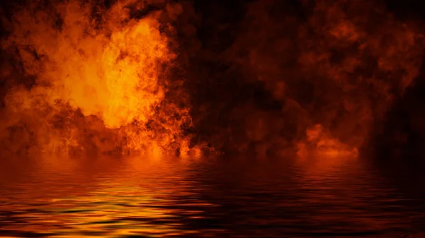 Blaze fire flame texture overlays on isolated background with water reflection. Design element. — Stock Photo, Image