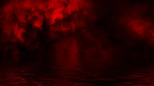 Red smoke with reflection in water. Mistery fog texture overlays background — Stock Photo, Image