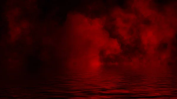 Red smoke with reflection in water. Mistery fog texture overlays background — Stock Photo, Image