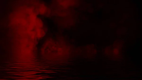 Fumaça vermelha com reflexo na água. Mistério nevoeiro textura sobreposições fundo — Fotografia de Stock