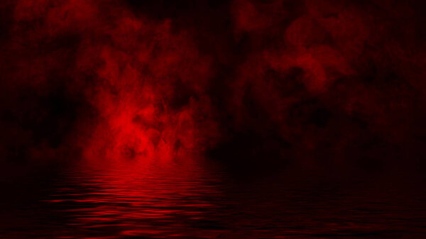 Red smoke with reflection in water. Mistery fog texture overlays background . Design element