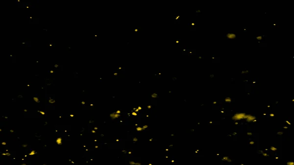 Gele deeltjes effect stof puin geïsoleerd op zwarte achtergrond, beweging poeder spray barsten in donkere textuur — Stockfoto