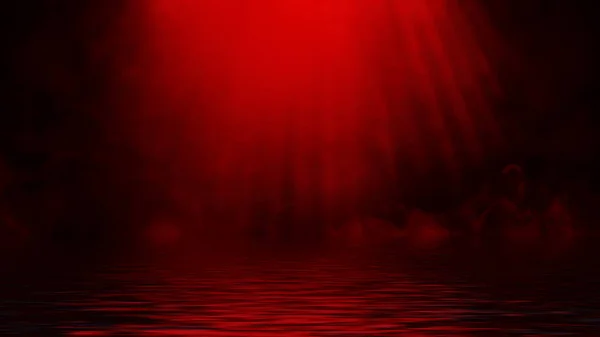 Faretto rosso fumo con riflesso in acqua. Mistery nebbia texture sovrapposizioni sfondo  . — Foto Stock