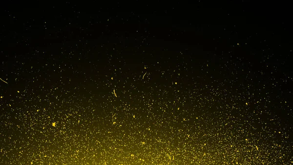 Cząsteczki żółte wpływają na pył odizolowany na czarnym tle, proszek ruchu pęka teksturą. Element projektu. — Zdjęcie stockowe