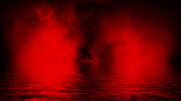 Red spotlight smoke with reflection in water. Mistery fog texture background. Design element.