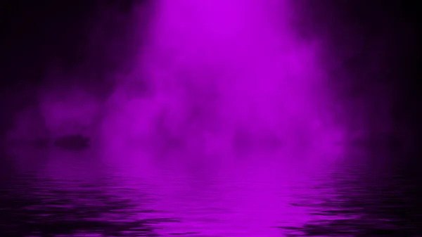 Abstract purple smoke with reflection in water .Lighting spotlighting texture overlays. Design element.