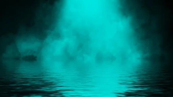 Azure spotlight smoke with reflection in water. Mistery fog texture overlays background. Design element